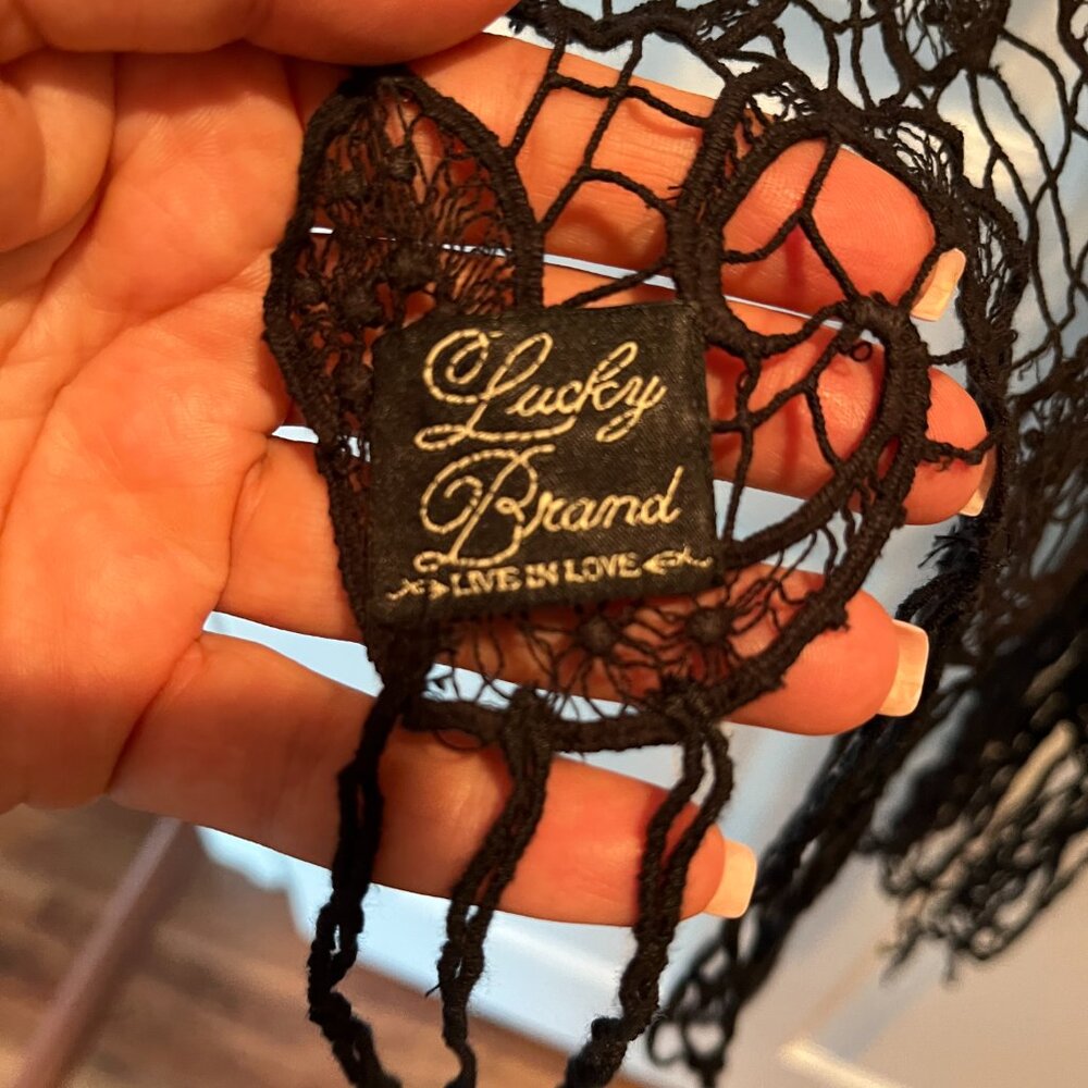 Lucky Brand Black Lace Sheer Fringed Scarf. Gently Used. - Picture 3 of 4